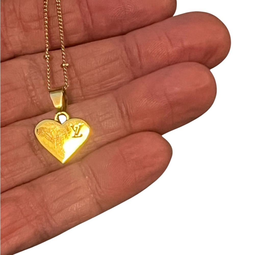 Upcycled Louis Vuitton logo double sided heart zip charm on a Gold neckl… - Picture 5 of 7